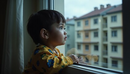 Contemplative Toddler Gazing at Urban Cityscape
