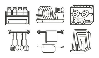 Kitchen storage icon set in linear style. organization and cooking essentials