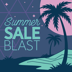Obraz premium Retro Summer Sale Blast with Palm Trees and Geometric Background