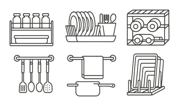 Kitchen storage icon set in linear style. organization and cooking essentials
