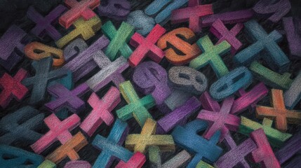 Colorful 3D Letters and Symbols on Dark Background Creating a Playful and Artistic Composition