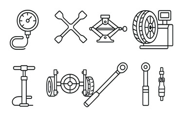 Wheel maintenance linear icon set. tire service and repair tool symbols