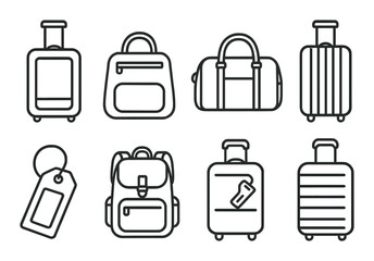 Travel and luggage icon set in linear style. bags, suitcases, and backpack symbols