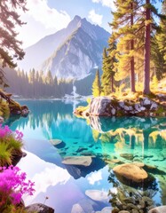 Stunning turquoise lake surrounded by pine trees and mountains, reflecting nature beauty with rocks and flowers in the foreground.