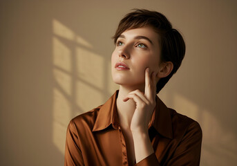 thoughtful young woman in brown shirt gazing upward in soft window light

