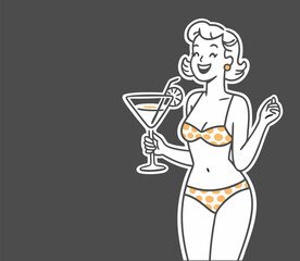 Smiling girl in swimwear enjoying a tropical drink, vector retro art style