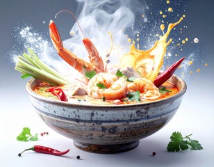 Dynamic food photo of Thai Tom Yum soup with shrimp, herbs, and chilies, captured in an explosive splash with steam.