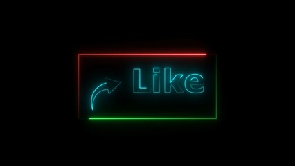 Like button neon bright cyan color 4k illustration. Abstract rectangle frame like icon 4k illustration on black background.