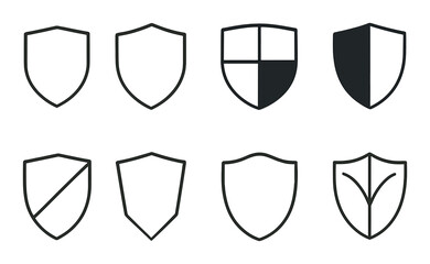 Minimalist shield icon set in linear style. simple protective emblems and symbols
