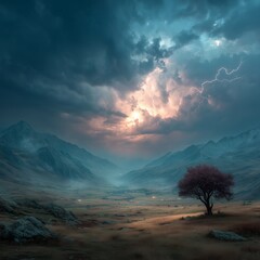 Striking lightning storm over a vast mountain valley at twilight, with dramatic clouds, glowing horizon, and a solitary tree standing in a windswept field.