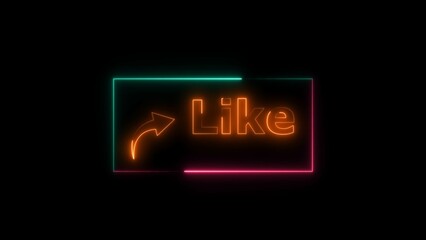 Like button neon bright orange color 4k illustration. Abstract rectangle frame like icon 4k illustration on black background. 