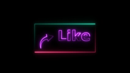 Like button neon bright blue color 4k illustration. Abstract rectangle frame like icon 4k illustration on black background.