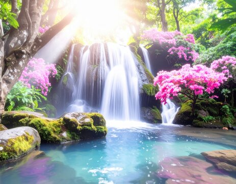 Scenic tropical waterfall cascading into a clear blue pool, surrounded by lush greenery and vibrant pink flowering trees.
