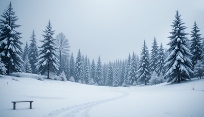 Serene Winter Wonderland Snow Covered Pine Trees Forest Landscape with Bench