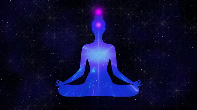 Animation of the seven points of the chakras, woman sitting in lotus position and meditating. Colors of the chakras, Loop footage symbol of yoga, spa, beauty salon, cosmetics, relax. Galaxy background