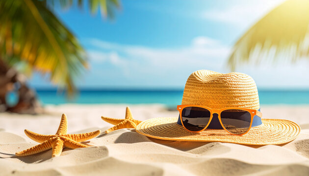 Summer Vacation Essentials Flat Lay with Travel Accessories on White Background

