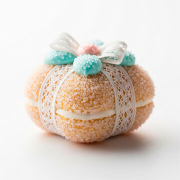 A close-up view of a Brazilian bem casado with sugar crystals and lace embellishments on a bright, white background.
