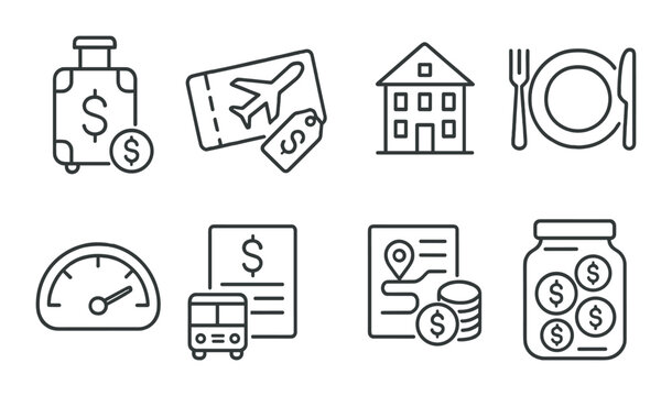 Travel budget essentials icon set in linear style. finance and planning symbols