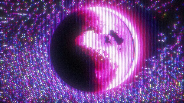 4K Stylized digital Earth with glowing pink atmosphere and pixel particle swirl, CRT scanlines and glitch distortion for motion graphics overlay, screen mode, retro cyber aesthetic and tech concept