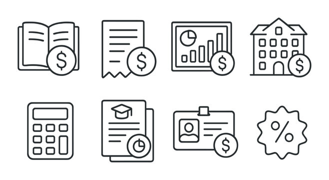Student budget flat icon set. finance management and affordable living symbols