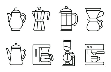 Coffee pot icon set: flat, brewing and kitchen symbols for cafe lovers