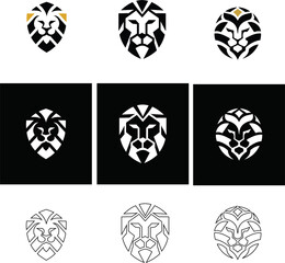 Obraz premium Lion head logo icon set in flat, outline, and button styles, clean vector pack on white background. 