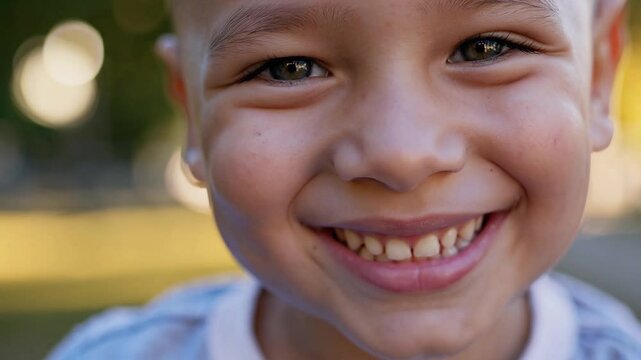 Energetic young child beaming with genuine happiness, displaying missing front teeth while radiating pure joy and childlike innocence during outdoor portrait session