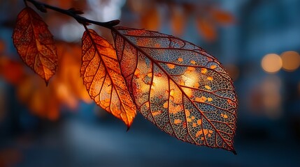 Close-up of translucent orange leaves illuminated from behind, revealing intricate vein patterns. Soft bokeh background enhances the dreamy autumn mood.