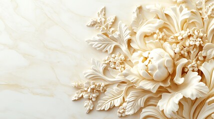Ornate floral relief sculpture on marble-like background
