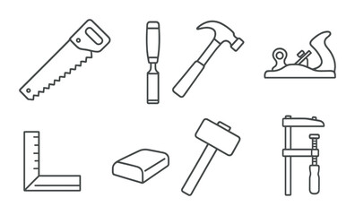 Obraz premium Essential woodworking tools icon set. flat design for carpentry and diy projects