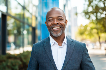 Portrait of joyful confident businessman in city settings