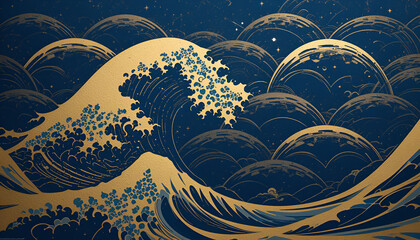 Elegant Gold and Blue Ocean Wave Art Print Featuring a Stunning Artistic Depiction of Rolling Waves