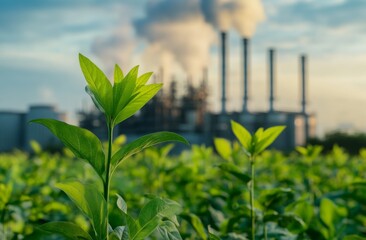 A green, leafy plant in the foreground with an industrial power station or oil factory in the background, symbolizing environmentally friendly technology and sustainable energy.