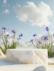 A white pedestal with a stone base and a large purple flower arrangement in front of it. The flowers are in full bloom and the sky is blue with some clouds. Concept of serenity and beauty