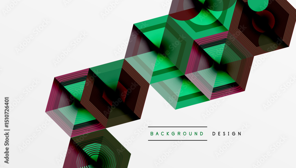 Aufkleber Abstract geometric pattern. Hexagons, cubes create dynamic visual flow. Green, maroon colors dominate design. Modern, stylish background.