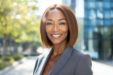 Portrait of beautiful businesswoman wearing business casual in city settings.