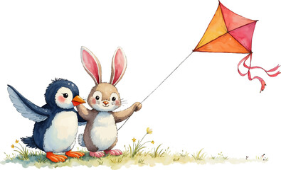 Joyful penguin and bunny flying a bright kite on a breezy day, celebrating friendship in cheerful watercolor style, kids illustration