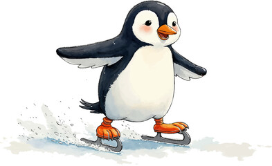 Joyful penguin gliding on ice skates showcases playful spirit in colorful watercolor illustration, kids illustration