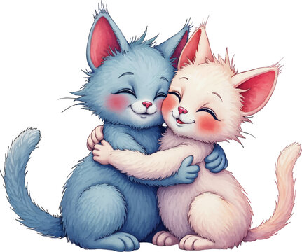 Kitten embraces mother cat in heartwarming watercolor illustration perfect for Mother's Day themes, kids illustration