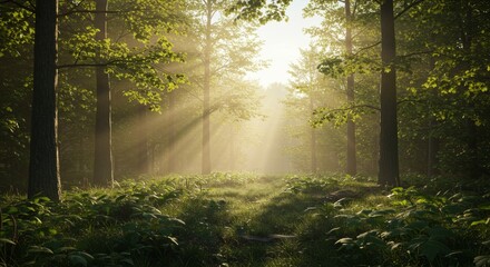 Obraz premium Tranquil forest scene with sunlight filtering through trees, highlighting lush greenery and a serene atmosphere