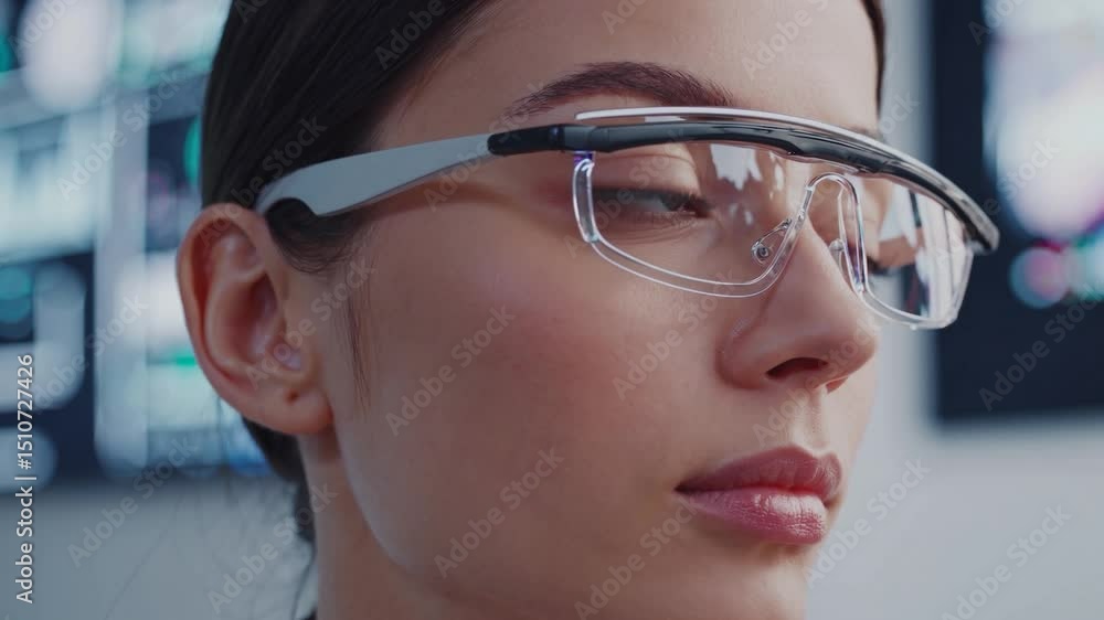 Poster laboratory scientist wearing augmented reality glasses analyzing data on digital screen, touching vi