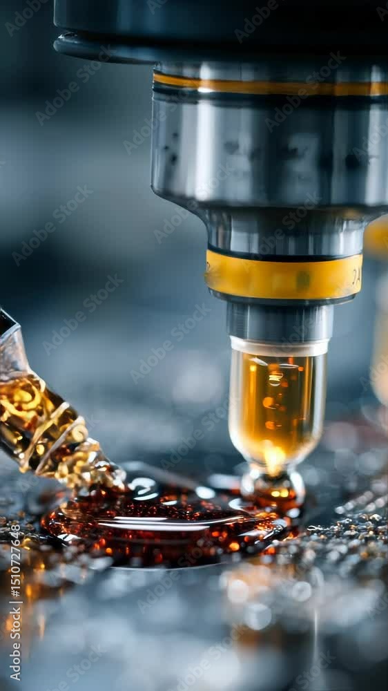 Poster macro view of robotic precision tools dispensing liquids on a circuit board in a high-tech lab