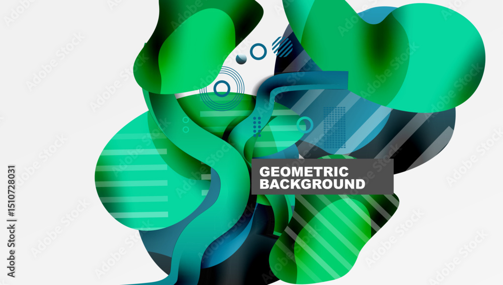 Poster abstract fluid shapes, vibrant greens, blues create dynamic composition. modern geometric background