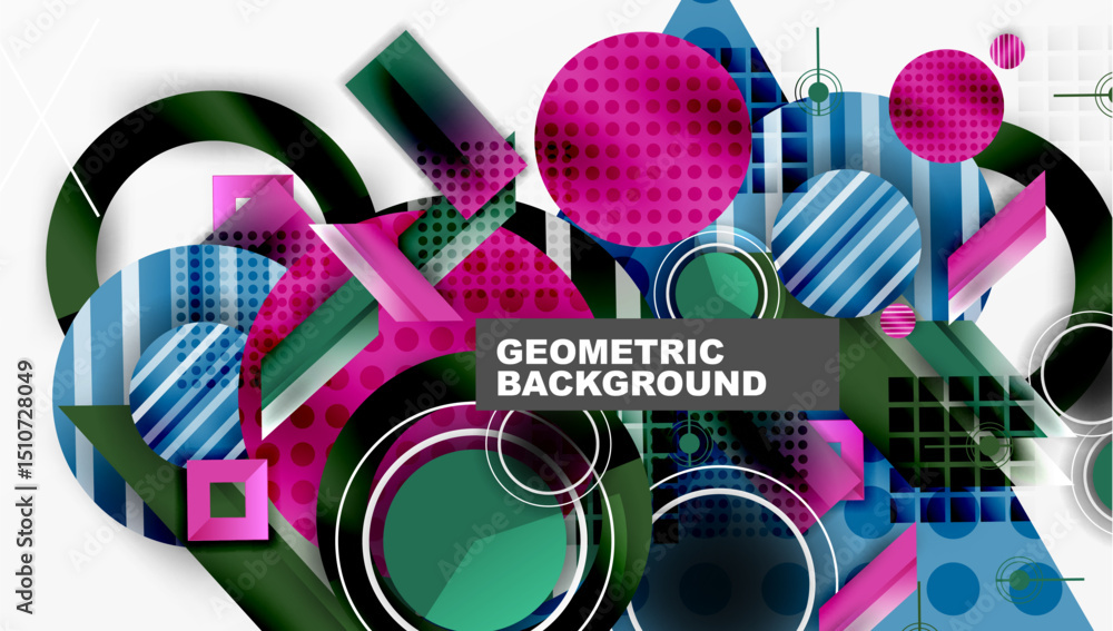 Aufkleber Abstract geometric composition. Circles, squares, rectangles overlap. Vivid colors create dynamic visual effect. Modern design elements present.