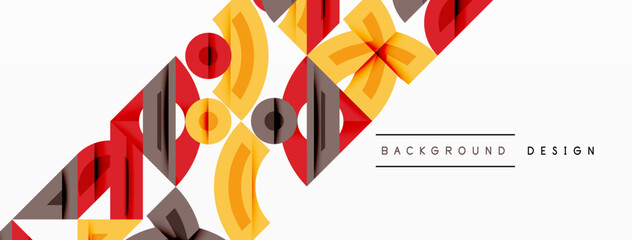 Abstract geometric shapes, warm colors dominate design. Modern pattern creates dynamic visual flow. Minimalist style, clean lines present.