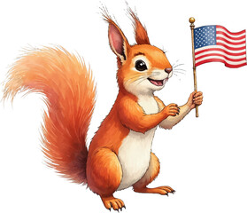Proud squirrel holding a tiny flag in a vibrant watercolor style for patriotic celebrations, kids illustration