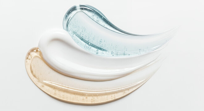 Luxurious beauty serums with swirled textures in pastel tones against white backdrop with copy space