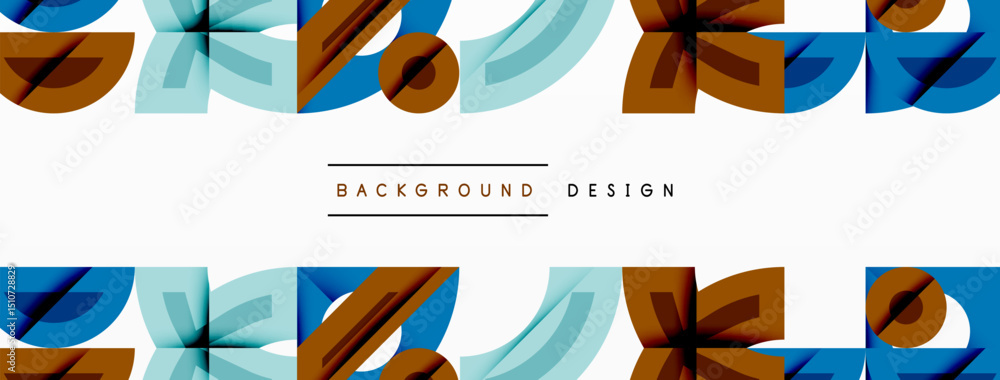 Poster abstract geometric shapes repeat, creating vibrant pattern. blue, brown, teal hues dominate design. 