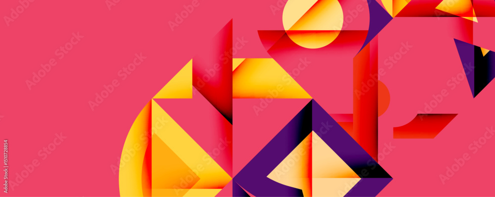 Poster abstract geometric composition. vivid orange, purple shapes contrast against salmon background. mode