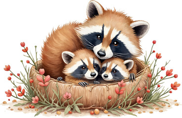 Raccoon family in a cozy nest showcasing warmth and happiness amidst soft colors for Family Day themes, kids illustration